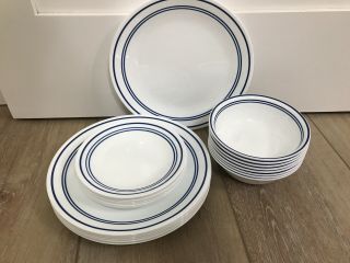 Corelle Classic Cafe Blue Dinner Salad Plates Cereal Bowls 3 Stripes 24 Pc