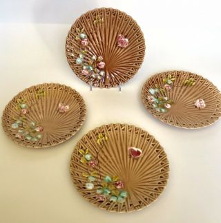 Set Of 4 Antique Villeroy & Boch Majolica Plates Bamboo Fan Butterfly Flowers
