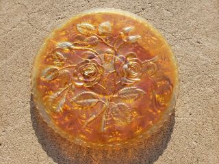 Vintage Fenton Imperial Carnival Glass Iridescent Marigold Open Rose Cake Plate