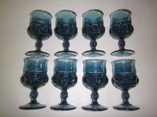 Eight Indiana Glass Thumbprint Teal Blue Kings Crown Water Wine Goblet 5 1/2 "