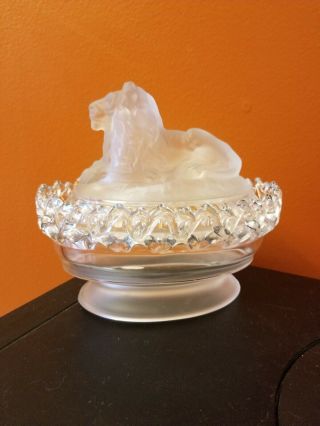 Vintage Imperial Glass Lion Satin Frosted Covered Candy Dish W/lattice Edge Bowl