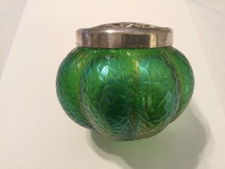 Antique Iridescent Green Carnival Pressed Glass Vase W/ Stem Holder