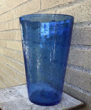 Vintage Blenko Blue Crackle Glass Vase 10” Tall Mcm