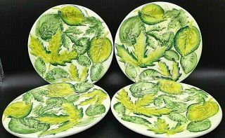 Set Of 4 Made In Italy Majolica Style Green Leaf Plates,  Embossed Raised Pattern