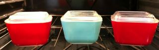 3 Vintage Pyrex Turquoise Aqua Red Blue Refrigerator Dishes 0501 Small W/lid