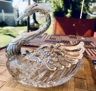 Vintage Silver Plated 7” High Cut Glass Figural Swan Bowl/dish/salt Cellar