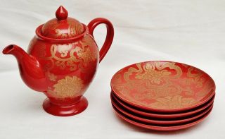 Pottery Barn Set Of 4 Chinoise 7 " Dessert Plates Red & Gold W/matching Teapot