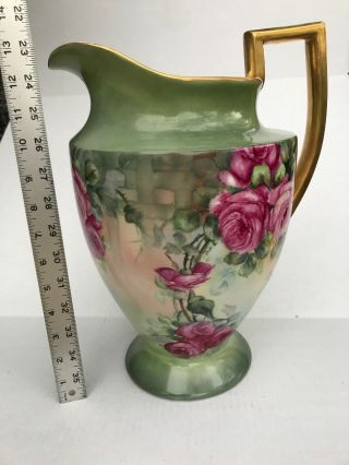 13 " Large Antique Limoges Hand Painted Roses Flowers Pitcher Tankard Vase Signed