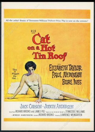 1958 Cat On A Hot Tin Roof Movie Release Elizabeth Taylor Pic Vintage Print Ad