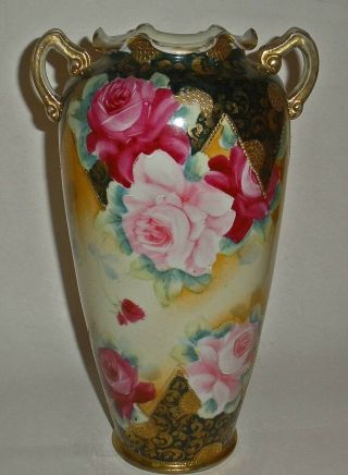Gorgeous Hand Painted Antique 11 " 2 Handled Unmarked Nippon Vase - Roses & Gilt