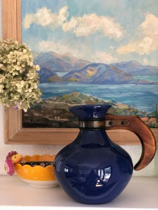 Vintage ​Gladding McBean Franciscan El Patio Wood Handled Carafe in Mexican Blue 3