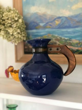 Vintage ​Gladding McBean Franciscan El Patio Wood Handled Carafe in Mexican Blue 5