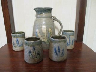 Brad Walker Pottery Signed Pitcher With Four Cups