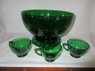 Vintage Anchor Hocking Glass Punch Bowl Set W 25 Cups Forest Green C 1957 - 1965