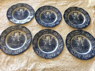 6 Liberty Blue Independence Hall 9 3/4 " Dinner Plates Staffordshire Ironstone