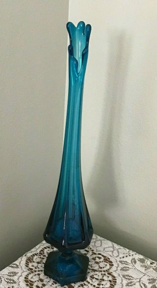 Vintage Viking Glass Swung Vase Blue Ribbed Hexagon Footed Base 19” - Stunning