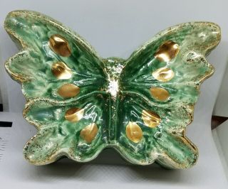 Vintage Hedi Schoop Mid Century Gold Green Butterfly Trinket Dresser Box