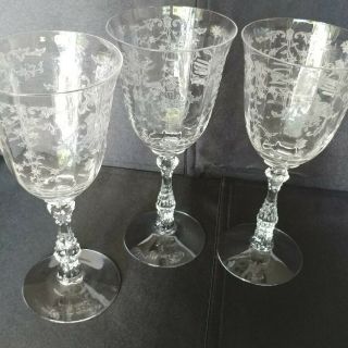 Vintage Fostoria Navarre Etched Clear Crystal Wine/water Glass Set Of 3 - 7 - 5/8 "