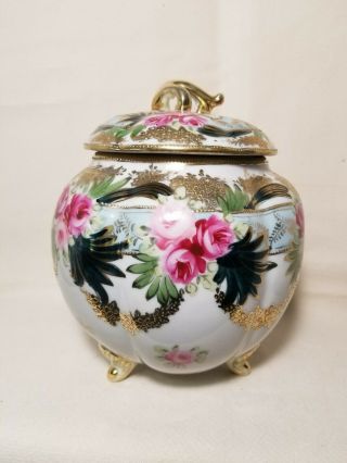 Antique Nippon Biscuit Jar Hand Painted Roses Maple Leaf Backstamp