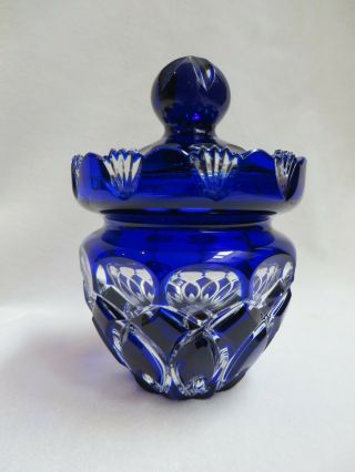 Vintage Cobalt Blue Cut - To - Clear Crystal Candy Dish With Lid