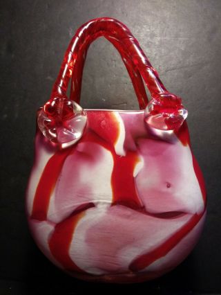Vintage Murano Pink Red & White Candy Swirl Handblown Glass Purse 9.  5 "