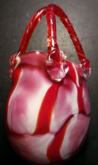 Vintage MURANO Pink Red & White Candy Swirl Handblown Glass Purse 9.  5 
