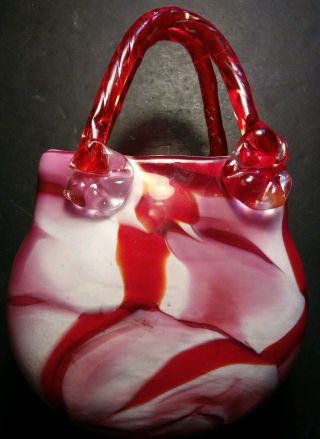 Vintage MURANO Pink Red & White Candy Swirl Handblown Glass Purse 9.  5 