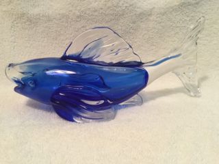 Hand Blown Art Style Glass Blue & Clear Fish Sculpture Figurine Vase.