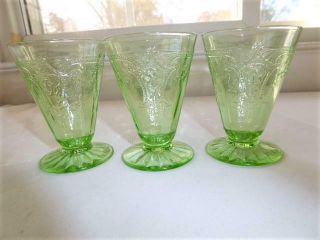 3 Vintage Hocking Glass Company Green Cameo Ballerina Footed Juice Tumblers