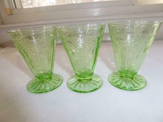 3 VINTAGE HOCKING GLASS COMPANY GREEN CAMEO BALLERINA FOOTED JUICE TUMBLERS 5