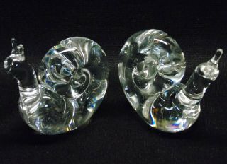 Pr Vintage Signed Steuben Crystal Glass Snail Escargot Figurines Paperweights