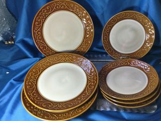 7 Better Homes And Garden Embossed Scroll Brown Rim Stoneware Salad Dinner Plate
