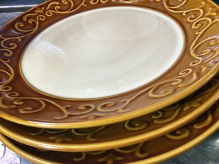 7 Better Homes and Garden EMBOSSED SCROLL Brown Rim Stoneware Salad dinner Plate 5