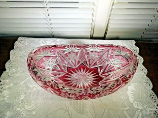Bleikristall Cranberry Cut To Clear Oval Bowl Decorative Crystal 8 1/2 Inch