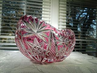 Bleikristall Cranberry cut to clear Oval Bowl Decorative Crystal 8 1/2 Inch 6