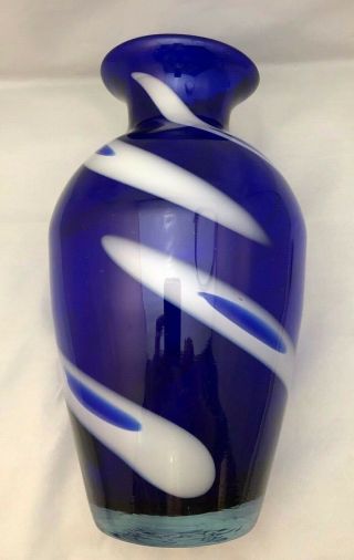 Large Cobalt Blue Art Glass Vase With White Swirls 11 " Tall