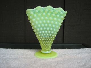 Vintage Fenton Topaz Vaseline Opalescent Hobnail Fan Vase