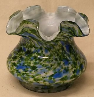 Fenton Vasa Murrhina Aventurine Green Blue Art Glass Ruffled Vase Rose Bowl