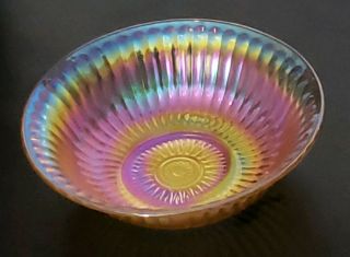Imperial Glass Iridescent Antique Panelled Rainbow Marigold Bowl Footed 9 "