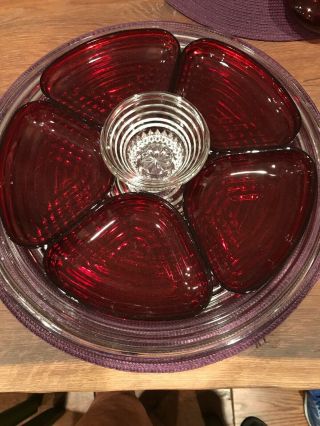 Manhattan Relish Tray - Depression Glass - Ruby Red & Clear - Anchor Hocking