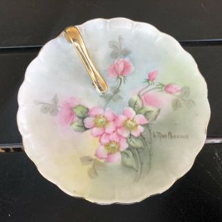 Vintage Porcelain Hand Painted Handled Nappy Dish Signed Pink Flowers Japan