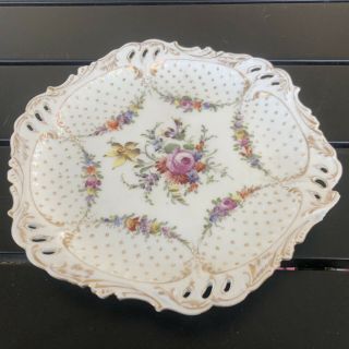 Antique Dresden Porcelain Reticulated Hand Painted Floral Plate