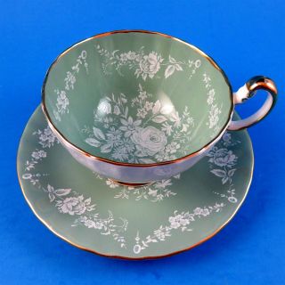 Sage Green With White Floral Design Aynsley Tea Cup And Saucer Set