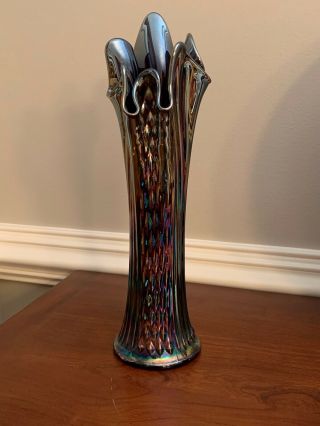 Vintage Fenton Rustic Blue Iridescent Carnival Glass Vase 15” Tall