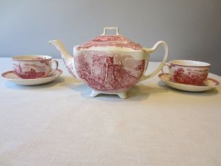 Johnson Bros Old Britain Castles Red/pink Teapot W/lid & 2 Cups/saucers