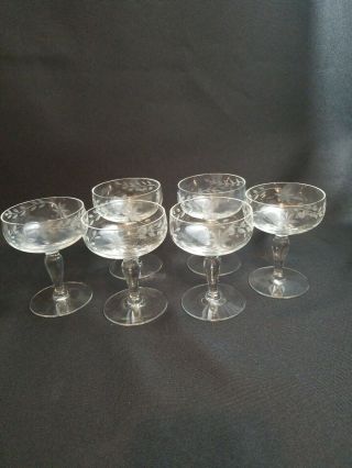 Set Of 6 Vintage Clear " Art Deco " Crystal Champagne Coupe Glasses - Hand - Blown.