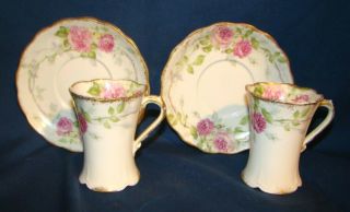 Charles Field Haviland Limoges 2 Chocolate Cups & Saucers W/ Large Pink Roses