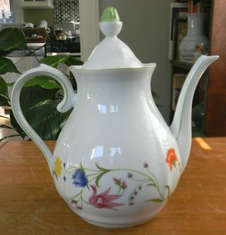 Vintage Denby Tea Party Teapot Server Flowers Green Trim Porcelain Portugal