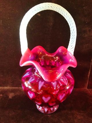 Fenton Cranberry Opalescent Heart Optic Basket Vase