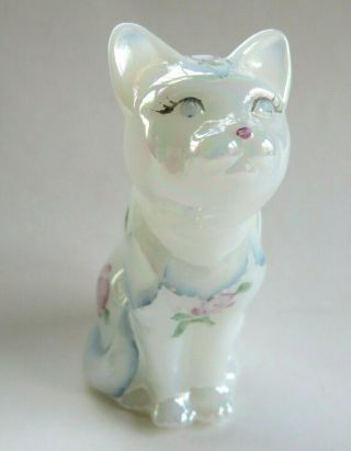 Fenton Art Glass Cat Iridescent White With Hand Painted Flowers Roses Signed